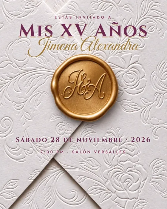 Invitación de muestra de 15 años con sobre blanco y sello