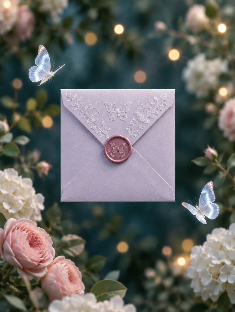 Sobre de invitación HUHU Team, sellado con cera y flores